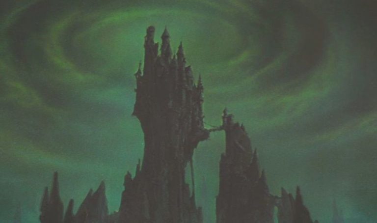 A sinister green fog surrounds Maleficent's castle